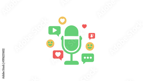 Green Microphone Icon Surrounded by Social Media Icons.