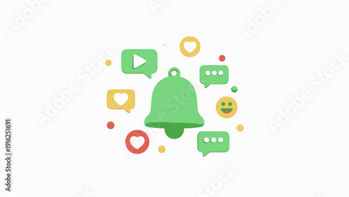 Green notification bell surrounded by social media icons and symbols.