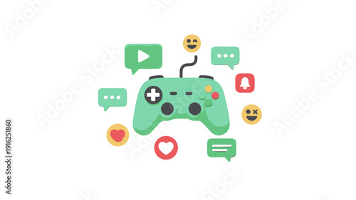 Green Video Game Controller Surrounded by Social Media Icons and Emojis.