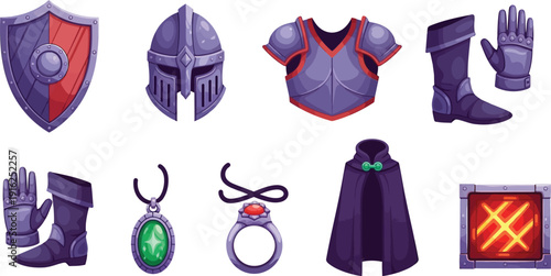 Collection of medieval armor and accessories displayed against a clean white background from a straightforward viewpoint