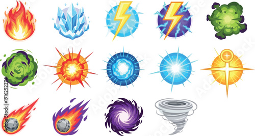 Collection of 2D elements depicting various natural elements and weather phenomena