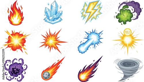 Collection of various natural disaster elements and weather phenomena illustrated in a grid layout from a direct viewpoint