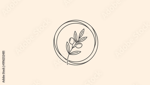 Minimalist Olive Branch Emblem with Berries in Circle.