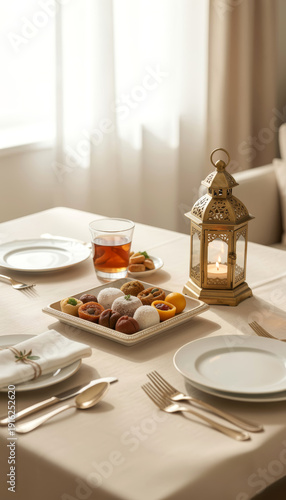 Dining table set with traditional arabic sweets and a brass lantern. Festive ramadan or eid dinner setup for celebration.