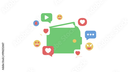 Green wallet surrounded by social media icons and emojis.