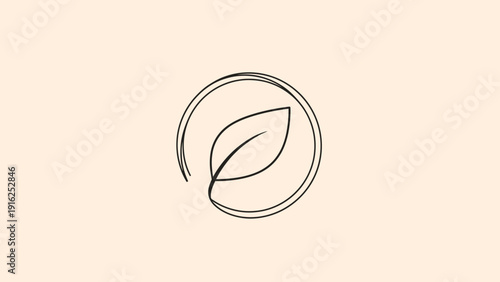 Minimalist single line drawing of a leaf inside a circle.