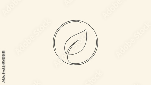 Minimalist single line drawing of a leaf inside a circle.