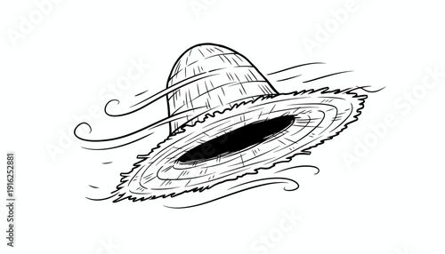 Straw Hat Blown Away by Wind, Outdoor Scene, Summer Breeze