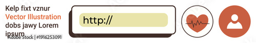 Healthcare accessibility, personal identity, digital communication, online profiles, digital health, technology navigation. Web address bar with a link, heart and profile icons. Healthcare