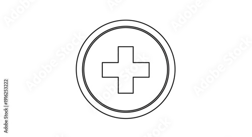 Simple Plus Sign Icon in Circle Outline, Medical Symbol, Healthcare Concept