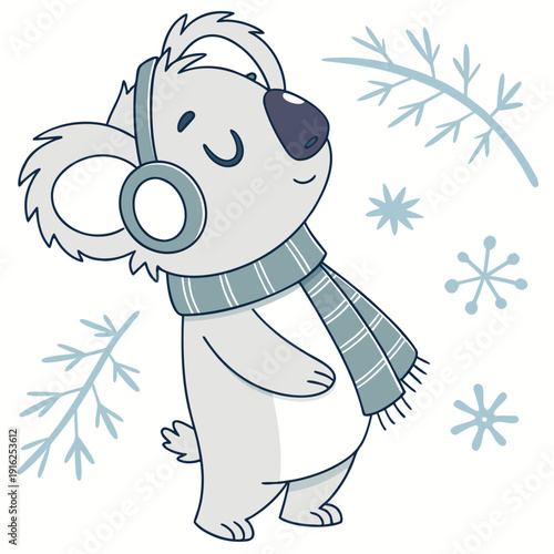 Cute Mischievous Koala, accessorized with wearing headphones, in a Cozy winter world – Frosty Winter palette vector