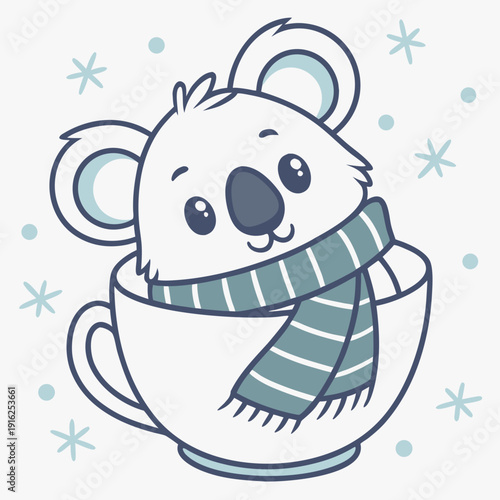 Whimsical Koala feeling Shy in a Cozy winter setting with in a teacup – colored in Frosty Winter