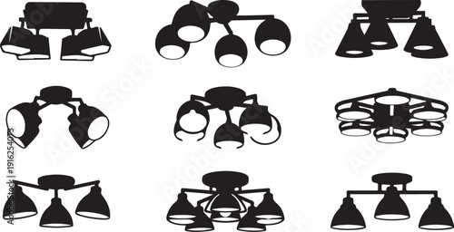 Various Black Silhouettes of Modern Track Lighting Fixtures Displayed