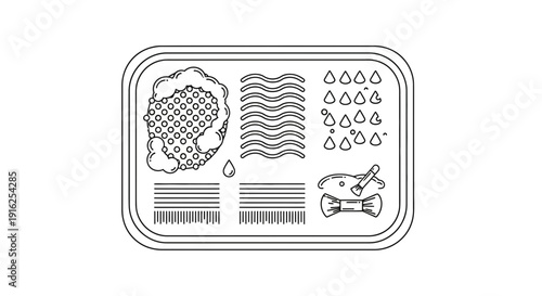 Retro TV Dinner Tray with Food, Cutlery, and Condiments - Black and White Line Art