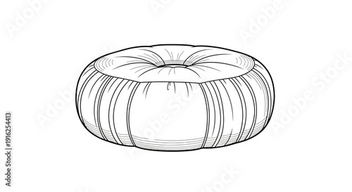 Round Tufted Pouf Ottoman, Floor Cushion, Fabric Seat, Minimalist Furniture Line Art