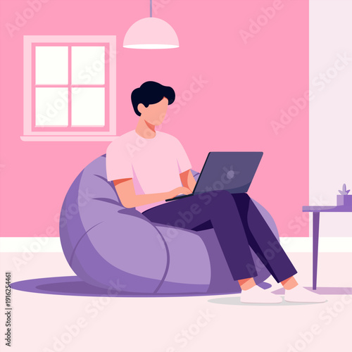 Flat Vector Illustration of Young Man Working on Laptop in Comfortable Home Setting