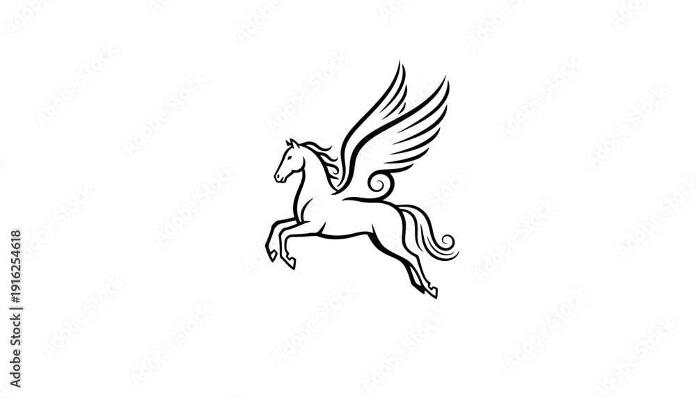 Obraz premium Pegasus Mythical Winged Horse Silhouette Flying on White Background