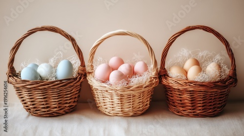 Three rustic woven Easter baskets filled with pastel eggs and straw lining