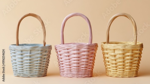 Empty pastel colored woven Easter baskets lined up on a soft background