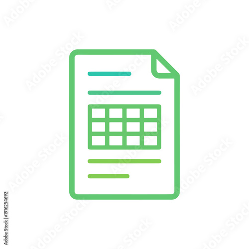 Document icon with spreadsheet table for financial reporting and data analysis management.