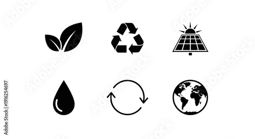 Set of six icons representing ecology, recycling, solar energy, water, circular economy, and global conservation efforts