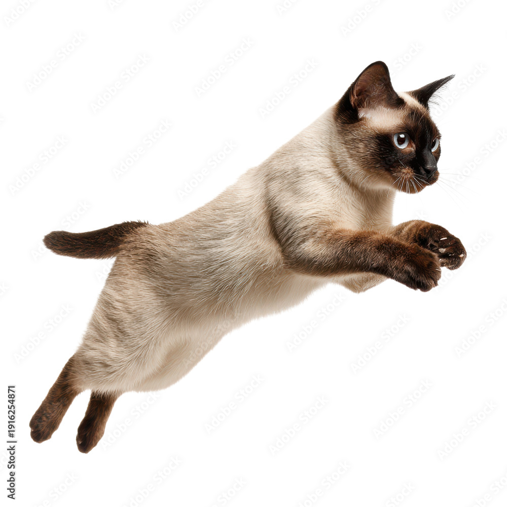 Obraz premium Siamese Cat Leaps Joyfully Into the Clear Sky PNG on Transparent Background