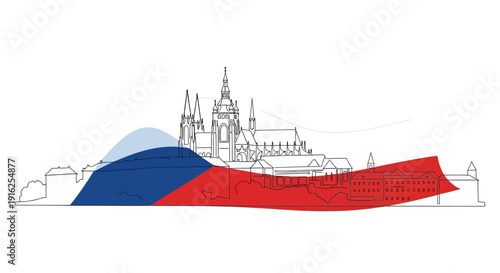 Prague Castle Skyline with Czech Flag Colors Abstract Wave Overlay