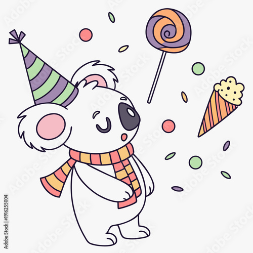 Shy Koala with with a scarf, set in a charming Birthday theme – Candy Shop color vector art