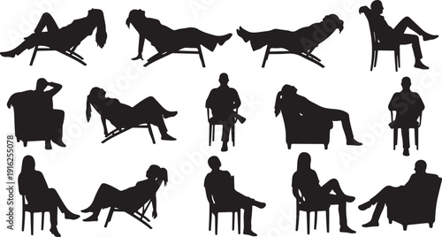 Silhouettes of people sitting in various chair positions relaxed