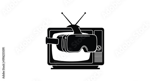 Vintage television set with modern virtual reality headset emerging from screen