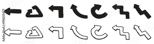 Collection of black hand drawn doodle arrow icons. Hand drawn arrow vector set, black stroke pointers, isolated sketch design elements on white background