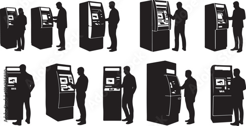 Silhouettes of people using ATMs in various positions and settings
