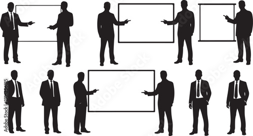 Silhouettes of businessmen in various poses with blank boards