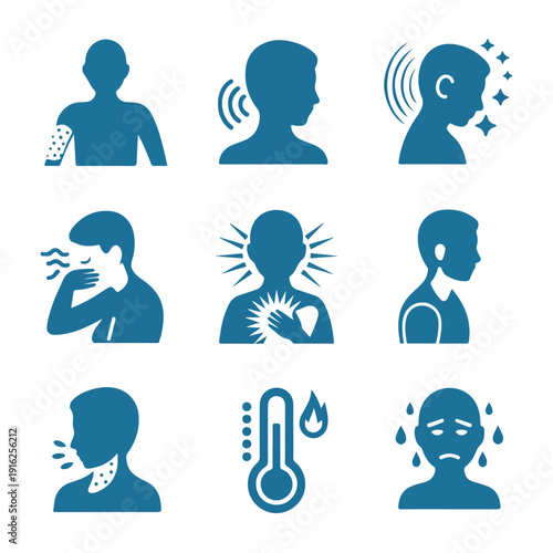 Health Symptoms & Medical Conditions Icons – Flat Blue Silhouette Vector Set for Healthcare Apps, Infographics & Patient Education