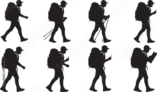 Silhouettes of hikers in various walking and exploring poses