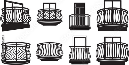 Various Balcony Railing Designs in Black and White Illustration