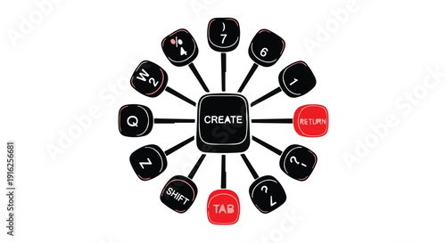Circular arrangement of vintage typewriter keys with the word CREATE at the center.