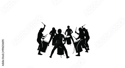 Energetic drummers performing in a circle, creating a powerful rhythm