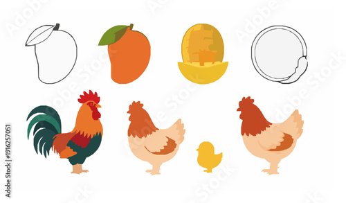 Cute cartoon jungle chicken flat vector bird set