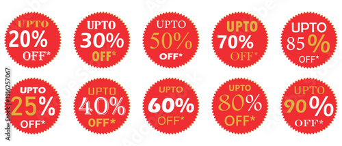 A Set off red circle discount price tag. Upto 20, 25, 30, 40, 50, 60, 70, 80, 85, 90 Percentage Off Stickers for Retail. New collection badge business design. vector illustration.