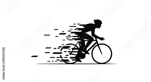 Black silhouette vector illustration of a young biker performing an extreme mountain cycle jump with a helmet and speed during a professional bicycle race