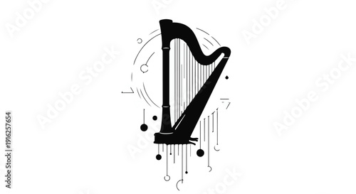 A musician playing a classical wooden harp is surrounded by floating music notes icons in this vector illustration of an Irish string instrument design for an orchestra concert art piece