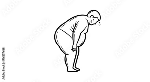 Obese Person Sweating, Bent Over, Feeling Tired and Unwell