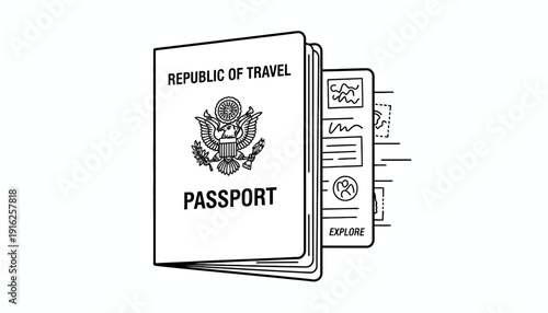 Open Passport with Travel Stamps and 'Explore' Text - Travel Concept