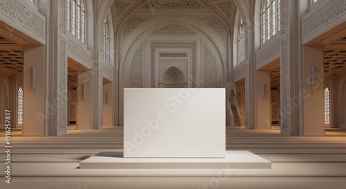 Minimalist white rectangular block mockup inside a grand mosque hall