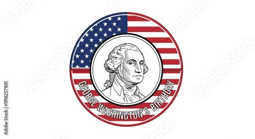 Illustration of George Washington's portrait on a coin with American flag background, commemorating Presidents' Day and George Washington's Birthday.