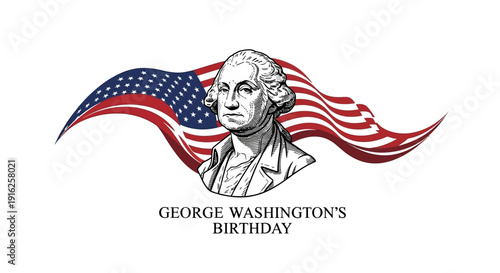 Illustration of George Washington's Birthday with American flag and text on white background
