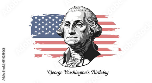 Illustration of George Washington's Birthday with American flag background, commemorating the First President and Federal holiday in the USA.