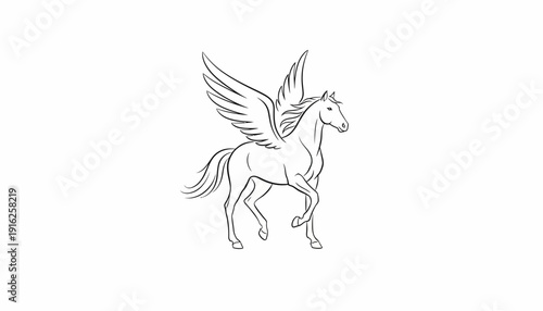 Mythical Pegasus Horse Line Art Drawing, Majestic Winged Creature in Motion