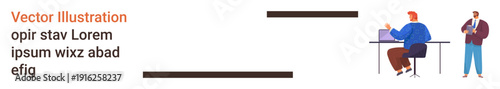 Collaboration, teamwork, business communication, office environment, digital workspace, productivity. Two individuals engaged in work, one seated at a desk. Collaboration and teamwork concept
